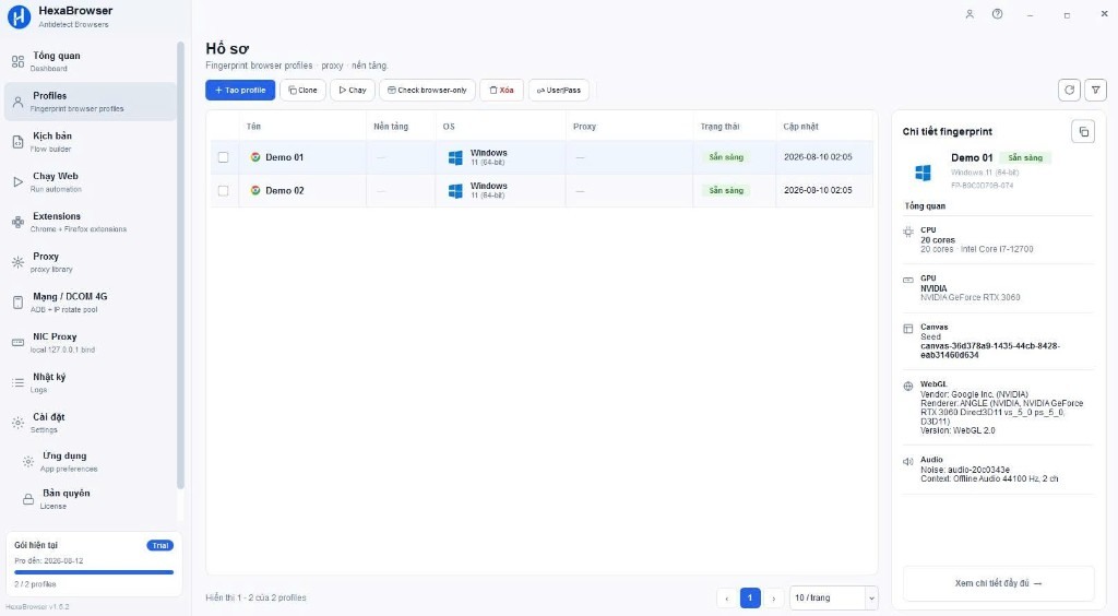 HexaBrowser — quản lý hồ sơ fingerprint